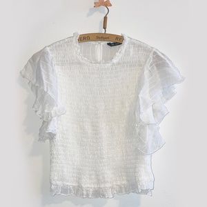 Zara Top with Elastic Smocking ruffled off-white blouse, Small